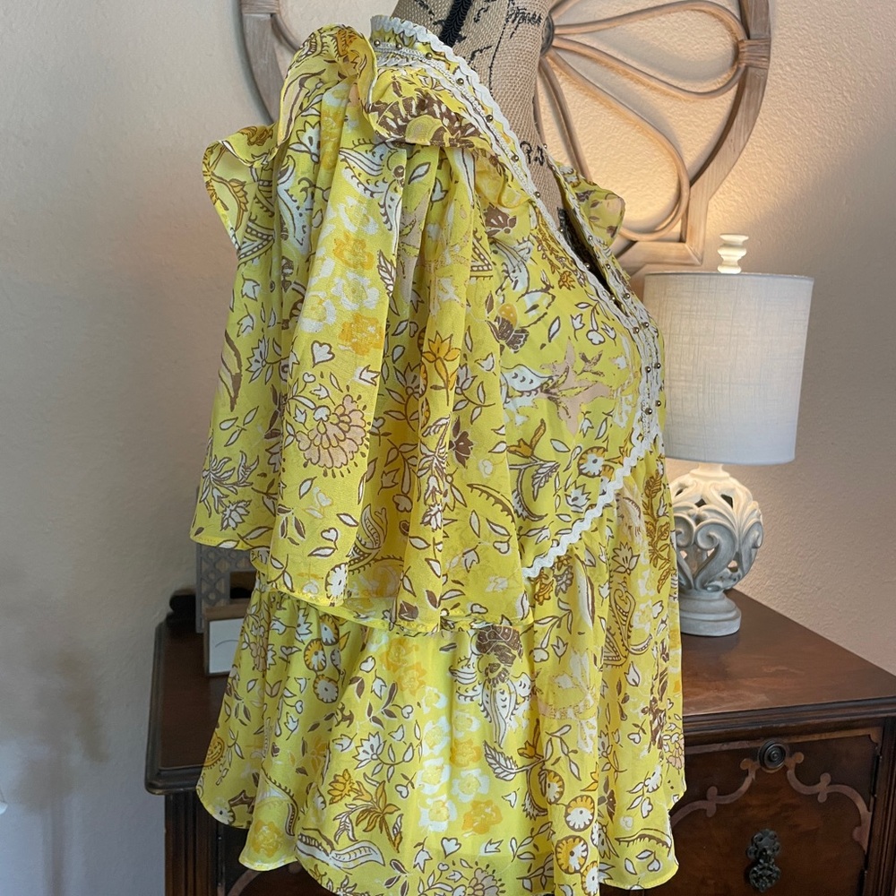 Marc New York Floral Yellow Ruffle & Rick Rack Women's Top - Picture 9 of 16